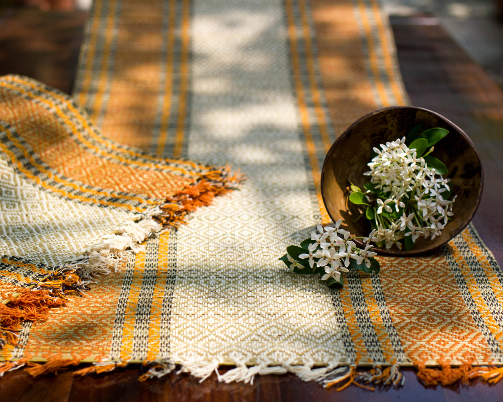 Madur Kathi Natural Fibre Diamond Orange Placemats and Table Runner Kopai Paar Indian