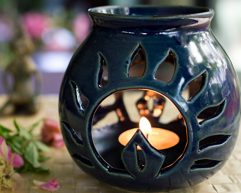 Ceramic Tealight Candle Holder Blue Sunrays Kopái Paar Indian Craft Store