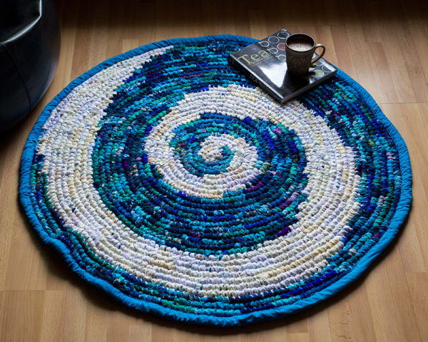 floor rug made of upcycled fabric blue white