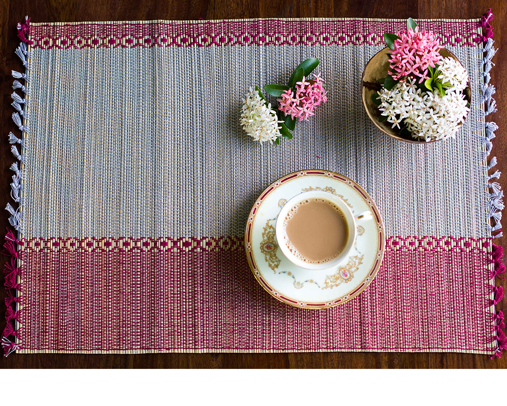 Madur Kathi Natural Fibre Red and Grey Placemats Table Runner