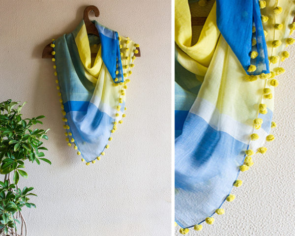 Colourful cotton handloom scarves in blue and yellow