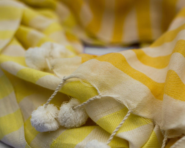 Scarf - Handloom Cotton Stripes with Pom-Poms in yellow
