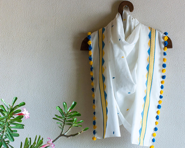 Handloom Scarf - Bengal Jamdani - Yellow Blue Temple - Fine Silk Cotton - Bengal textile