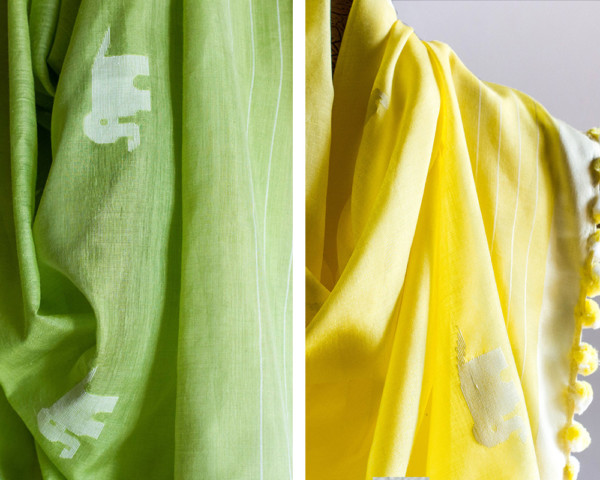 Handloom SCARF – JAMDANI | ANIMAL MOTIF | ELEPHANTS green yellow | Bengal textile | Silk Cotton