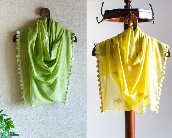 SCARF – JAMDANI | ANIMAL MOTIF | FISHES Green Yellow