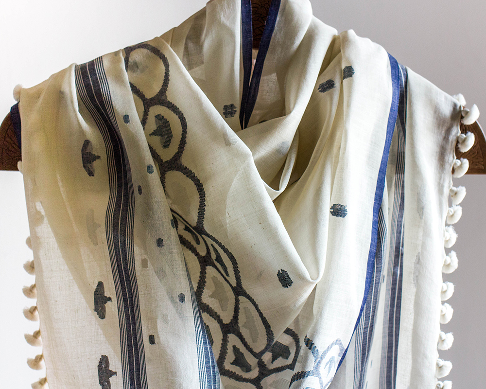 Jamdani Navy Blue Flowers Scarf Kopai Paar Indian Craft Store