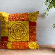 Embroidery cushion, Patchwork cushion, Throw pillow cover, cushion, made in india, handicraft, handmade, Cotton, Yellow cushion, Orange cushion