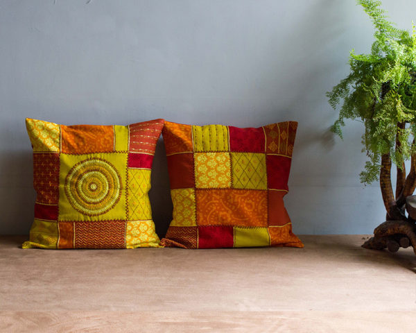 Embroidery cushion, Patchwork cushion, Throw pillow cover, cushion, made in india, handicraft, handmade, Cotton, Yellow cushion, Orange cushion