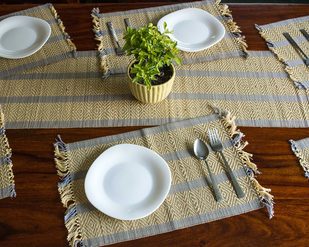 Madur Kathi Natural Fibre Yellow Grey Placemats Table Runner