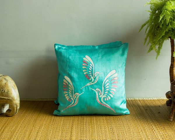 Throw pillow cover, batik, cushion, made in india, handicraft, handmade, silk, indian silk, kantha cushion, blue cushion, Bird cushion,